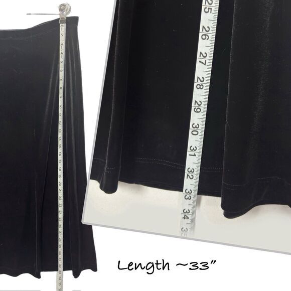 Vintage Black Velvet Midi Skirt XL Pull On Stretch Neutral Minimalist - Picture 3 of 11